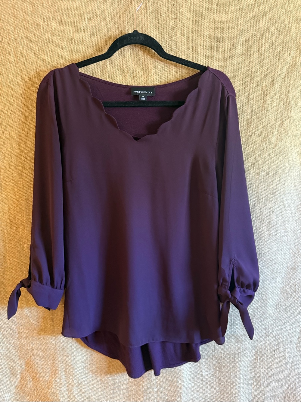 Fortune+Ivy Plum Scalloped-Neck Blouse with Tie Sleeves